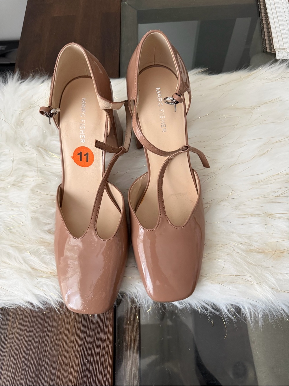 Marc Fisher Blush Patent T-Strap Block Heels